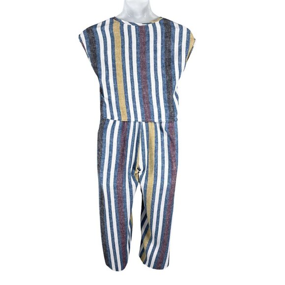 Drew Womens S Striped Linen Blend 2 Piece Set Crop Top Faux Wrap Pants Lagenlook - Picture 6 of 16